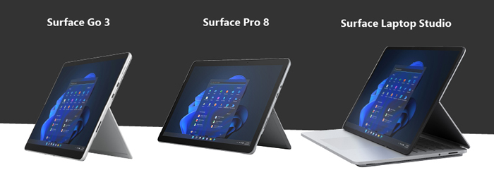 Surface go 3, surface pro 8, surface laptop studio.