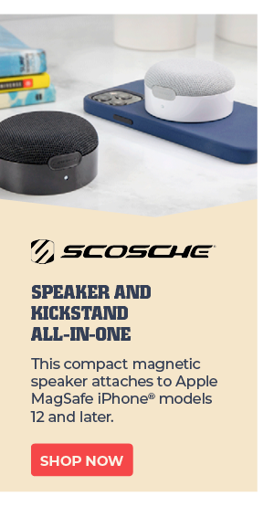 Scosche: Speaker and Kickstand All-in-One--This compact magnetic speaker attaches to Apple MagSafe iPhone® models 12 and later. Shop Now