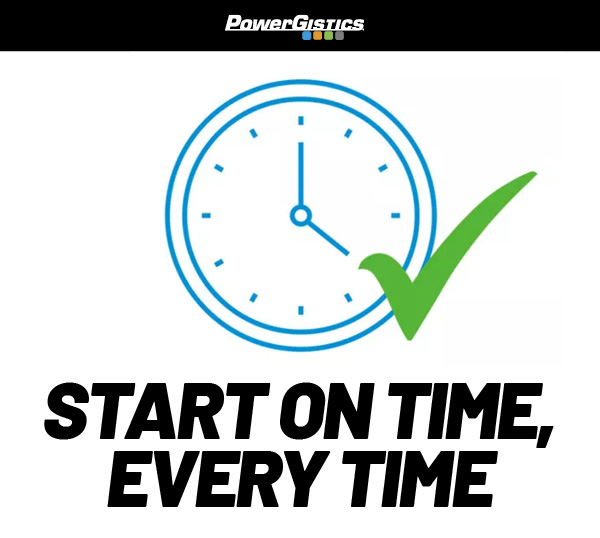 Powergistics: Start on time, every time (clock with checkmark image)