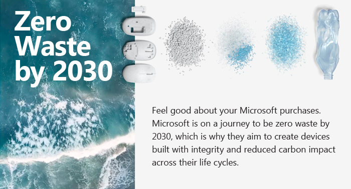 Zero Waste by 2030: Feel good about your Microsoft purchases. Microsoft is on a journey to be zero waste by 2030, which is why they aim to create devices built with integrity and reduced carbon impact across their life cycles.