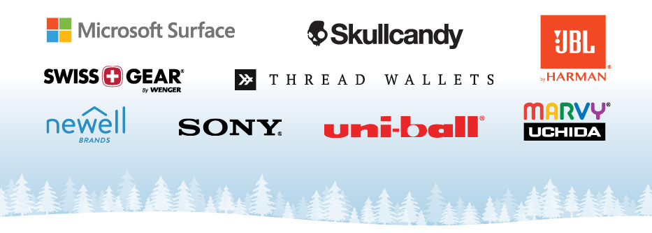 Microsoft Surface, Skullcandy, JBL, Swiss Gear, Thread Wallets, Newell Brands, Sony, uni-ball, Marvy Uchida.